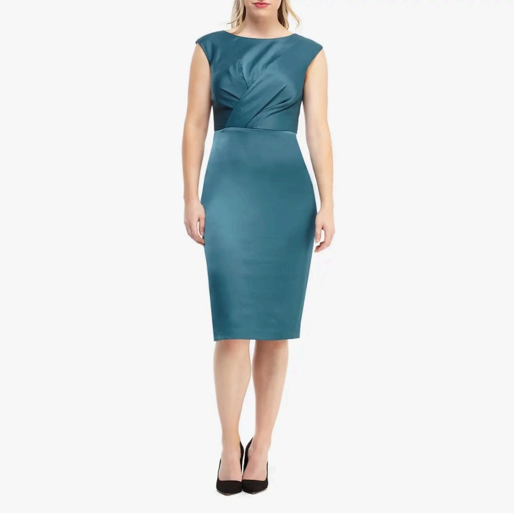 NWT Nordstrom Rack Maggy London Teal Crossover Bodice Satin Midi Dress